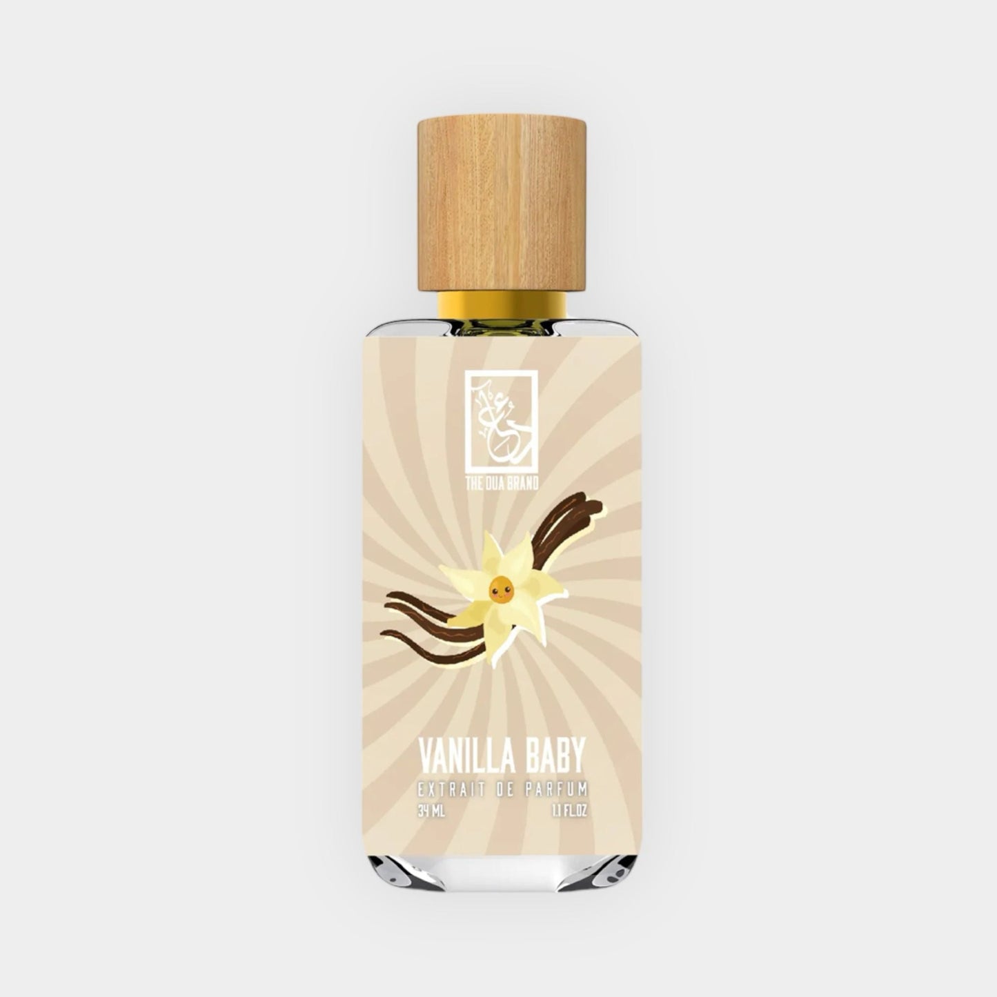 A bottle of Dua Vanilla Baby Sample, featuring a sleek design with a wooden cap and a warm, creamy vanilla graphic. The label highlights the fragrance's soothing scent profile.