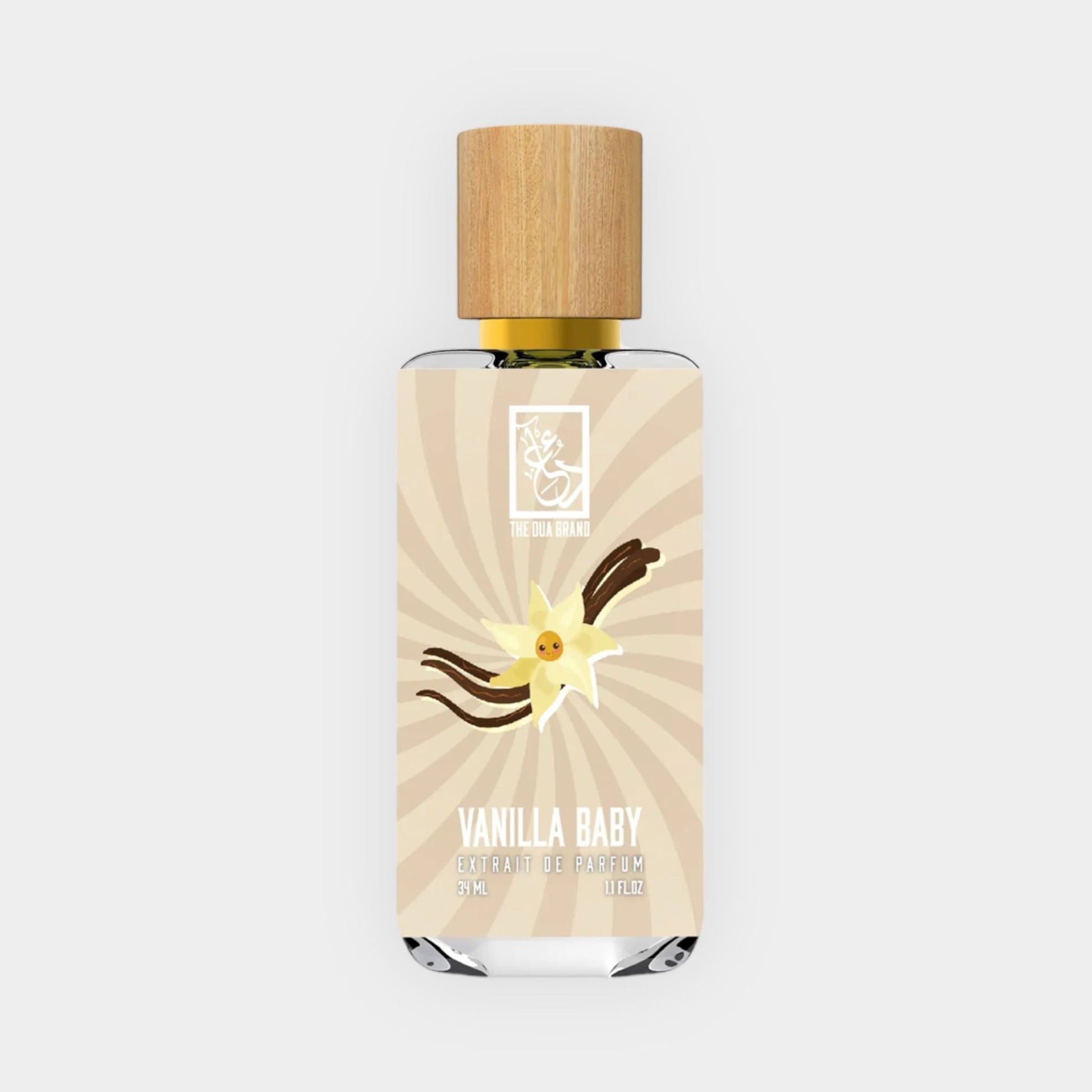 A bottle of Dua Vanilla Baby Sample, featuring a sleek design with a wooden cap and a warm, creamy vanilla graphic. The label highlights the fragrance's soothing scent profile.