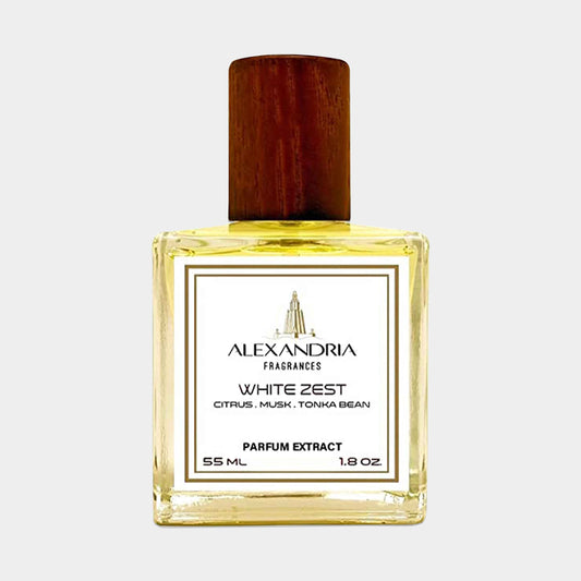Alexandria Fragrances White Zest Sample, a 55 ml parfum extract featuring a vibrant blend of citrus, musk, and tonka bean, housed in a sleek glass bottle with a wooden cap.
