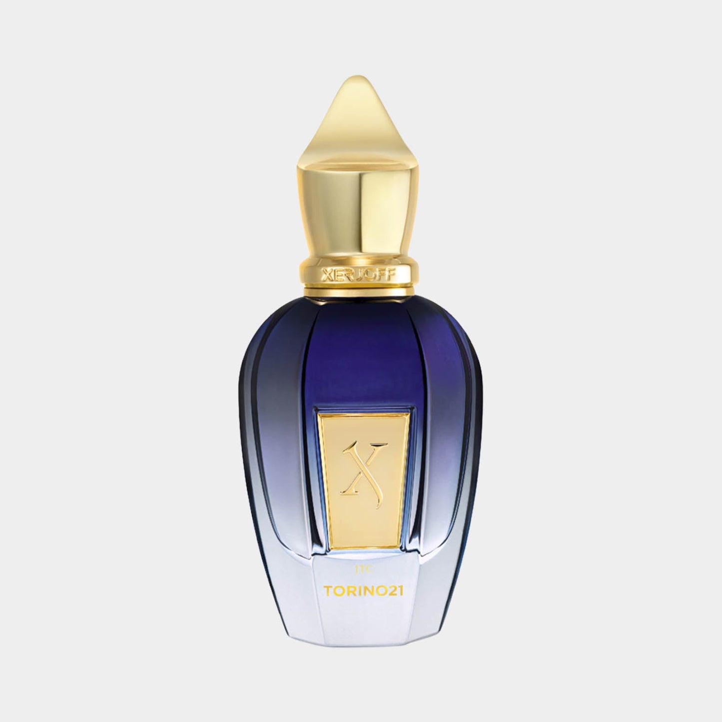Xerjoff Torino 21 full bottle featuring an elegant dark blue glass design with a golden cap and intricate detailing.