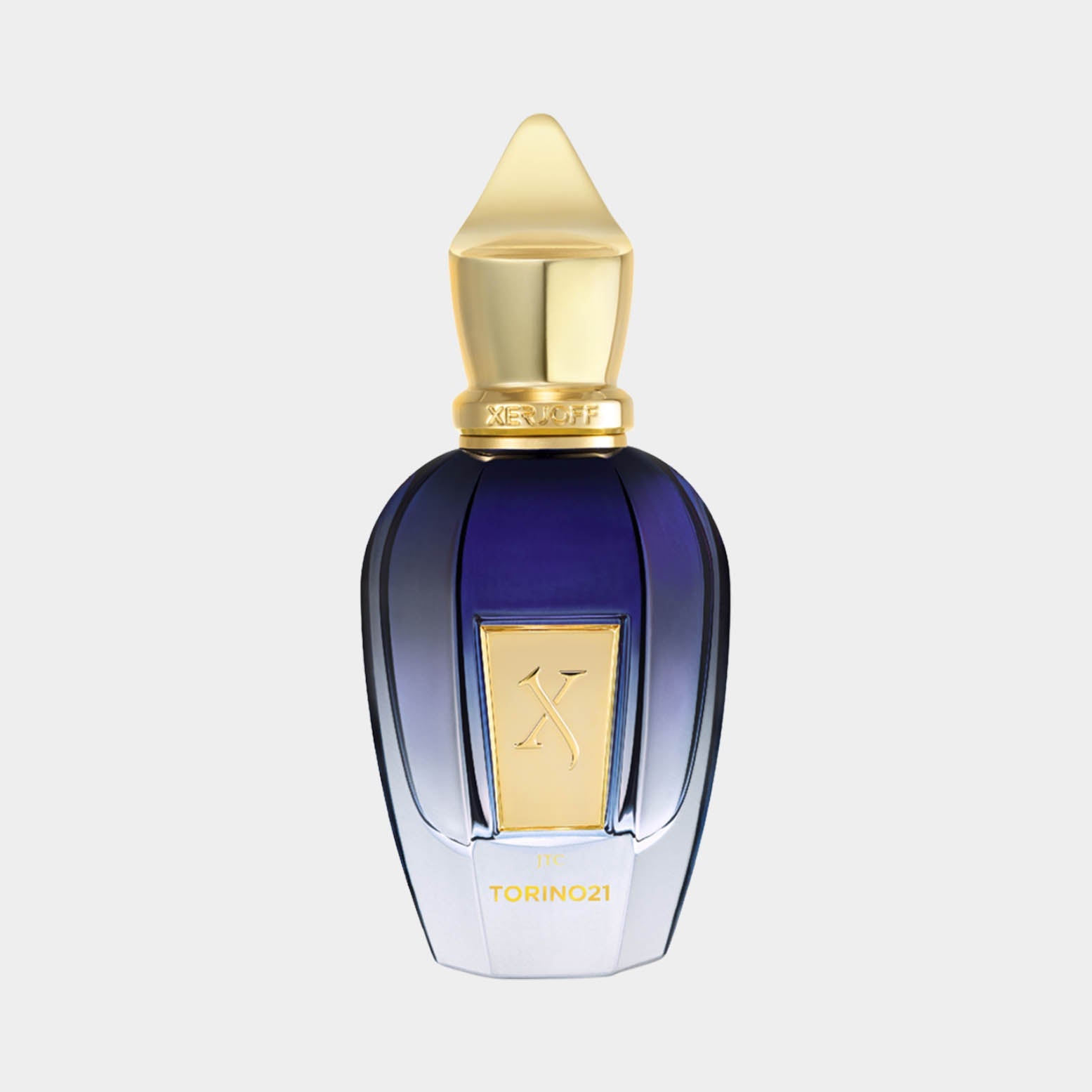 Xerjoff Torino 21 full bottle featuring an elegant dark blue glass design with a golden cap and intricate detailing.