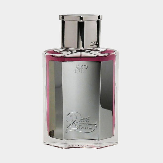 Zaharoff 2nd Soul Sample fragrance in a sleek, reflective glass bottle with a geometric design, showcasing its elegant pink hue.