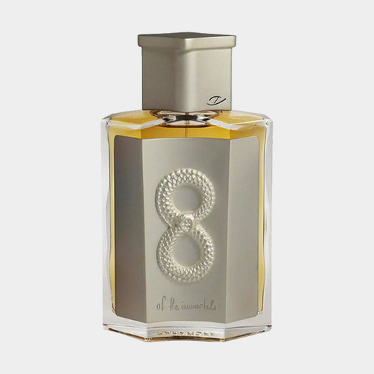 A sample bottle of Zaharoff Of The Immortals, featuring a sleek hexagonal shape and an elegant silver and gold design, complete with an intertwined snake motif.