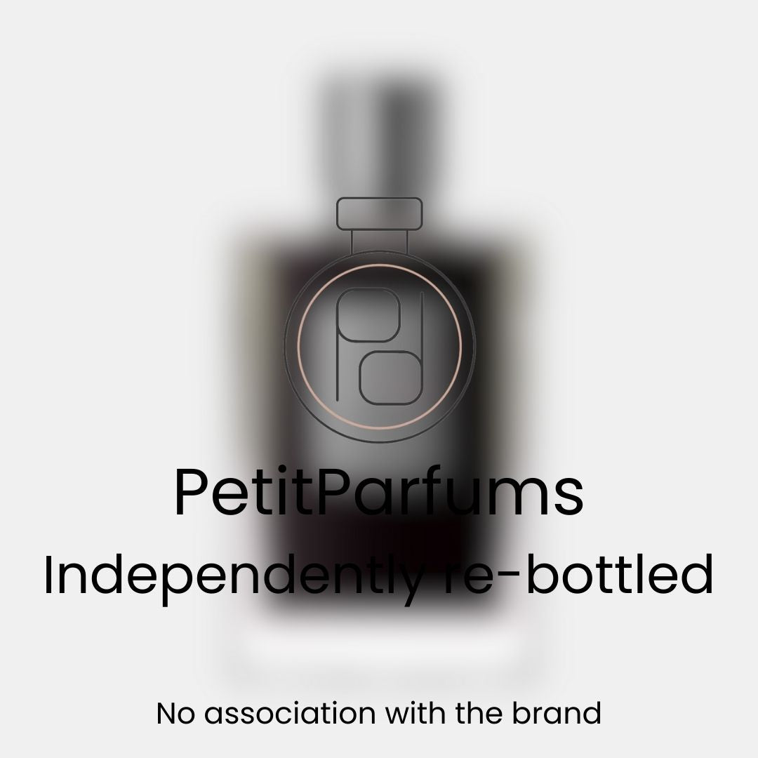 A sleek, dark bottle labeled Back to Black Sample, featuring a minimalist design with the text PetitParfums Independently re-bottled, indicating no association with the original brand.