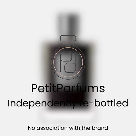 A sleek, dark bottle labeled Back to Black Sample, featuring a minimalist design with the text PetitParfums Independently re-bottled, indicating no association with the original brand.