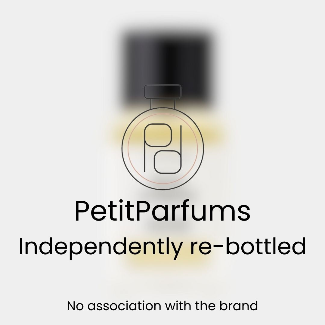 Bois d'Ébène Sample in a small, clear glass bottle with a black cap, featuring a minimalist design indicating it's independently re-bottled by PetitParfums.