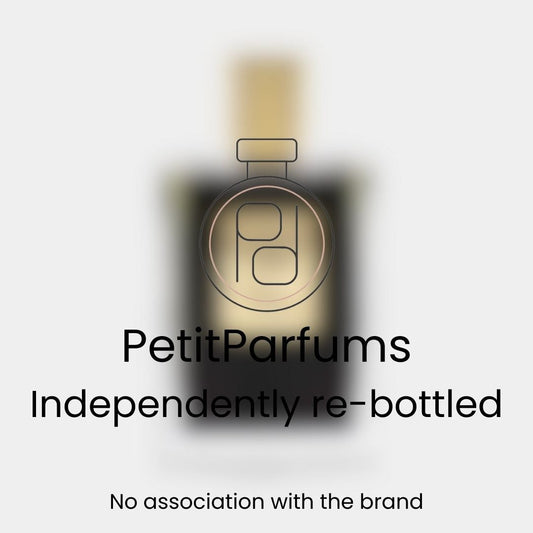 Gold Knight Sample by PetitParfums, featured in a sleek, re-bottled design with an elegant black background. The packaging emphasizes independent re-bottling with no association to the original brand.