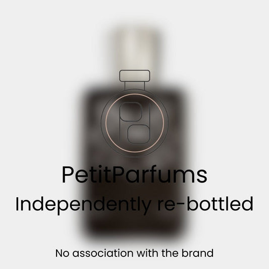 Herod Sample, an independently re-bottled fragrance displayed in a sleek dark bottle, featuring the PetitParfums logo. The image includes a note stating 'No association with the brand'.