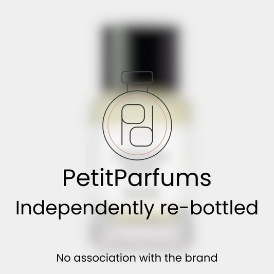 A sample bottle of 'Parisian Musc' by PetitParfums, featuring a minimalist design with a clear liquid and a simple label. The image notes that it is independently re-bottled and has no association with the original brand.