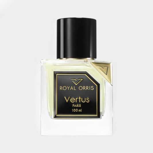 A full bottle of Vertus Royal Orris perfume, featuring a sleek rectangular glass design with a black cap and gold accents, labeled Royal Orris and 100 ml.